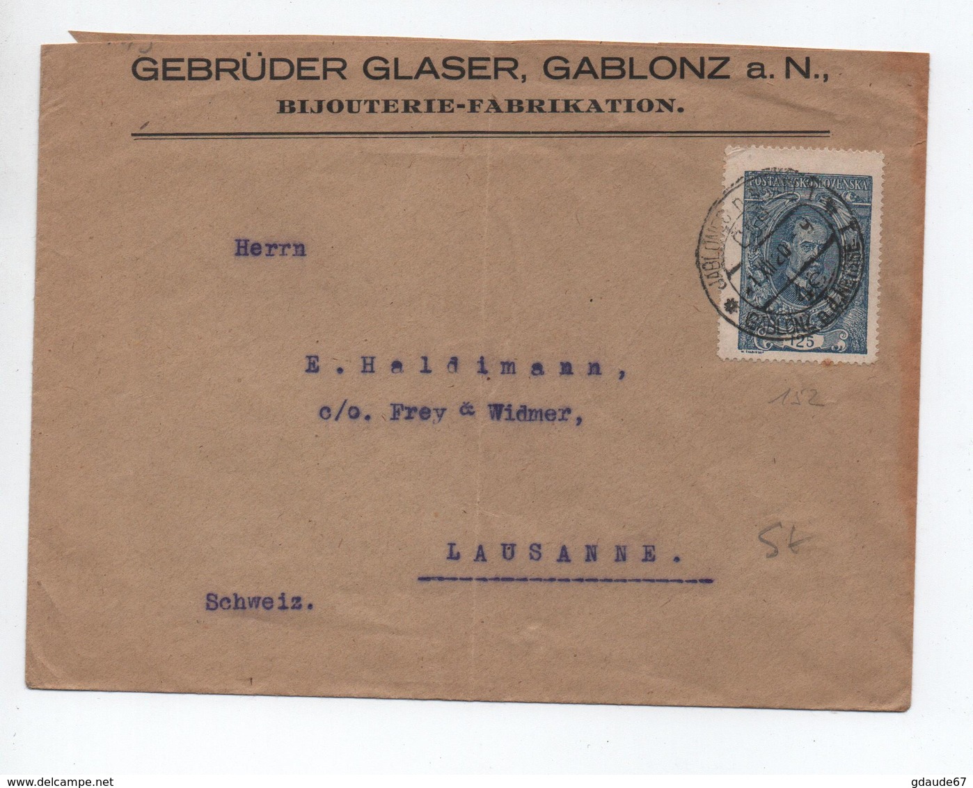 1920 - ENVELOPPE De GABLONZ Pour LAUSANNE Avec SEUL - Lettres & Documents