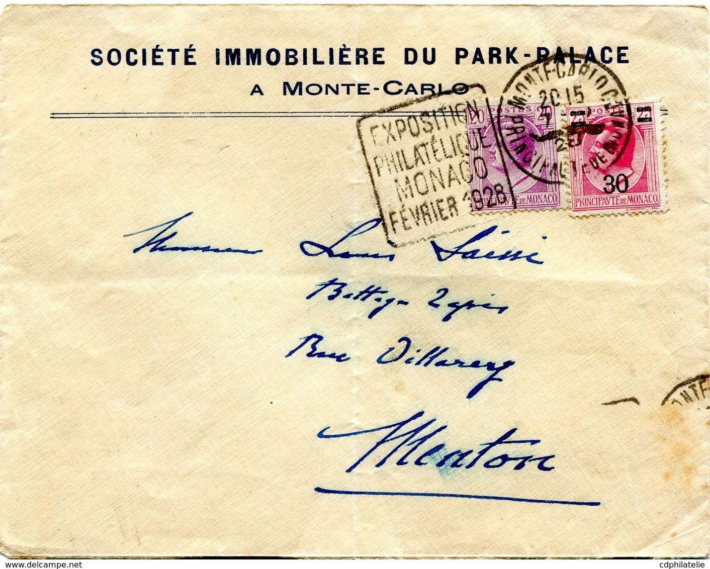 MONACO LETTRE A ENTETE DE LA SOCIETE IMMOBILIERE DU PARK-PALACE A MONTE-CARLO DEPART MONTE-CARLO 7-2-28 POUR LA FRANCE - Lettres & Documents
