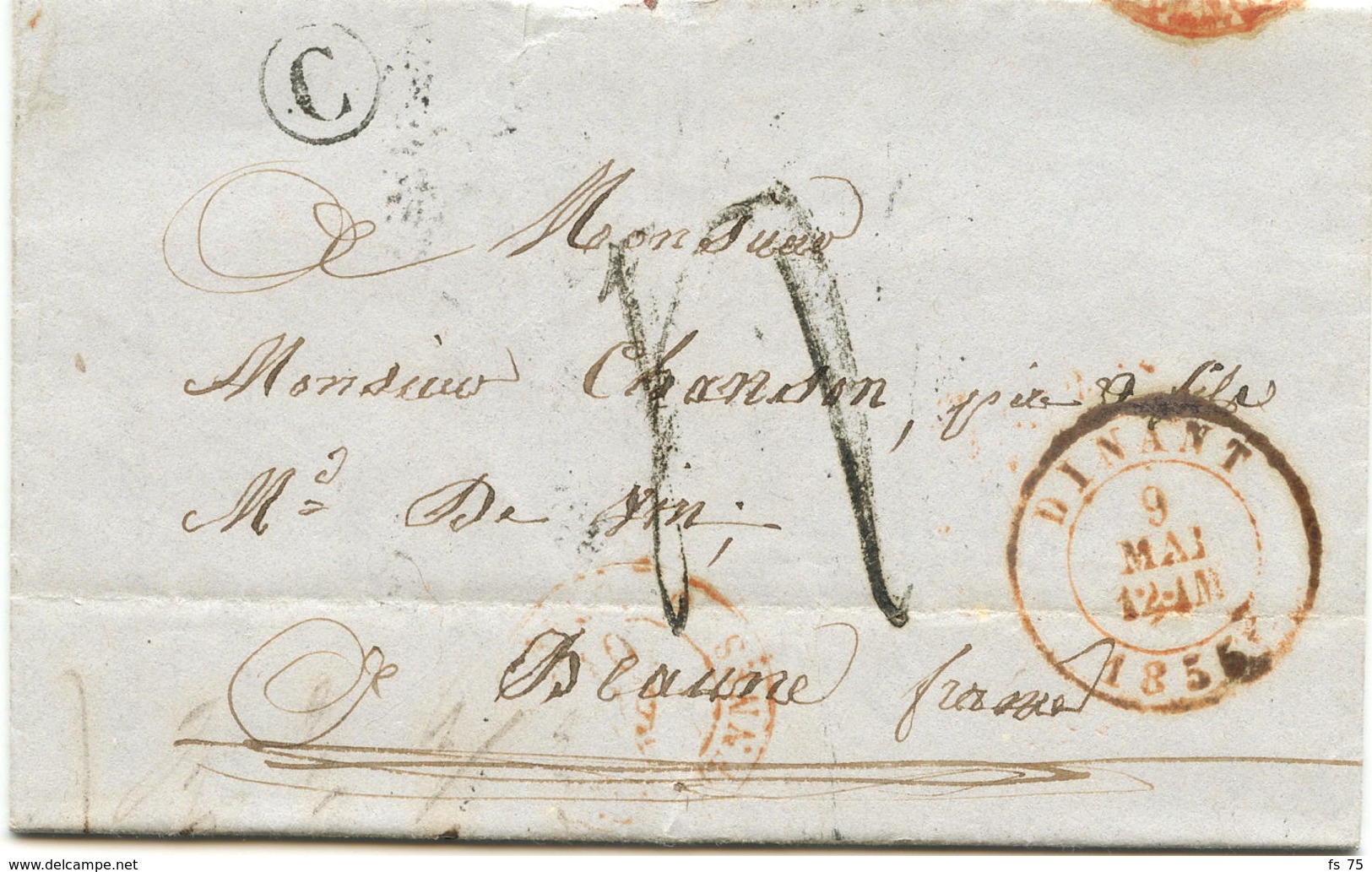 BELGIQUE - CAD DINANT + BOITE C SUR LETTRE AVEC TEXTE DE FLAVION POUR LA FRANCE, 1855 - 1830-1849 (Unabhängiges Belgien)