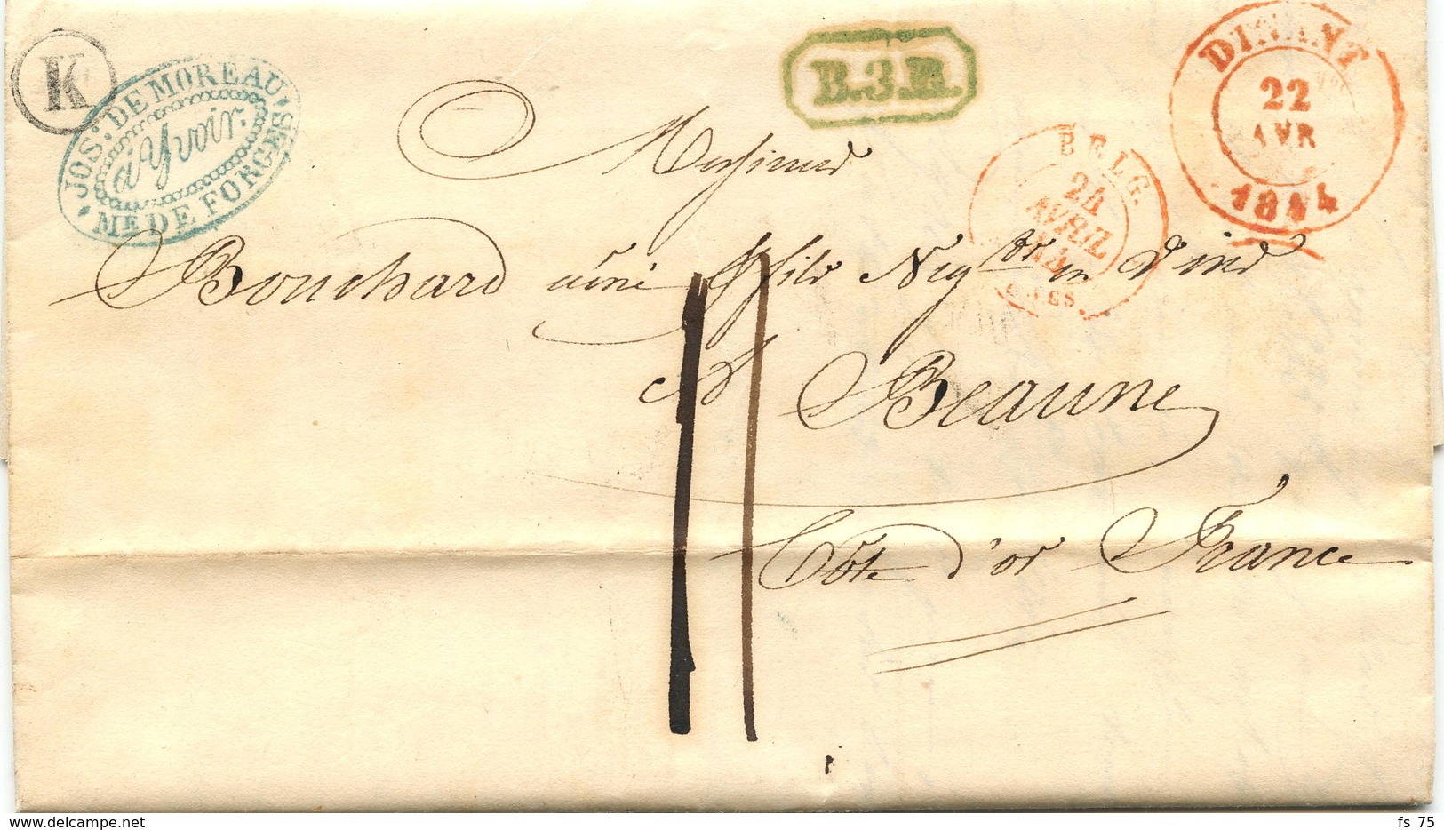 BELGIQUE - CAD DINANT + BOITE K SUR LETTRE AVEC TEXTE DE YVOIR POUR LA FRANCE, 1842 - 1830-1849 (Unabhängiges Belgien)