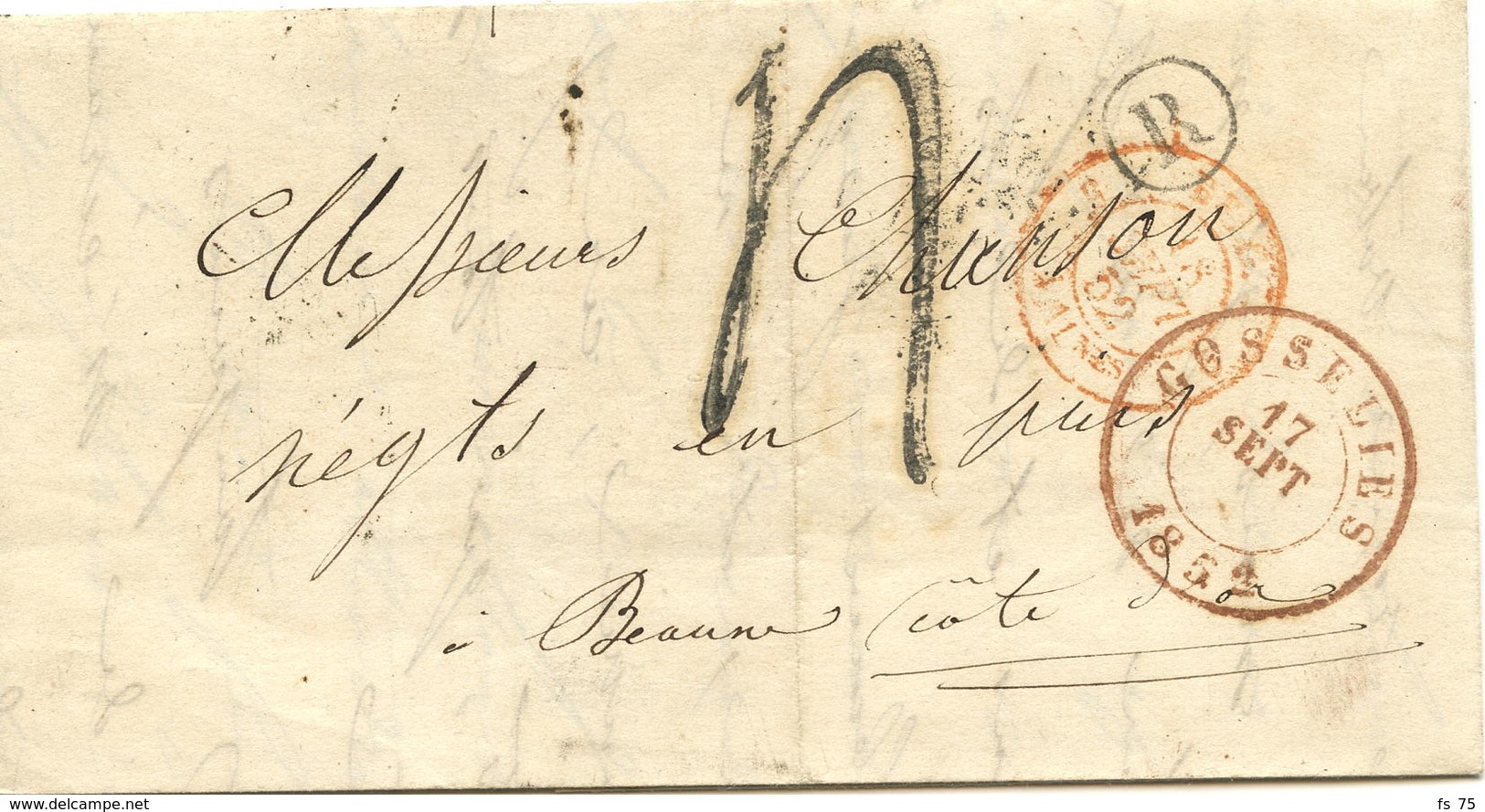 BELGIQUE - CAD GOSSELIES + BOITE R SUR LETTRE AVEC TEXTE DE FRASNES POUR LA FRANCE, 1852 - Other & Unclassified