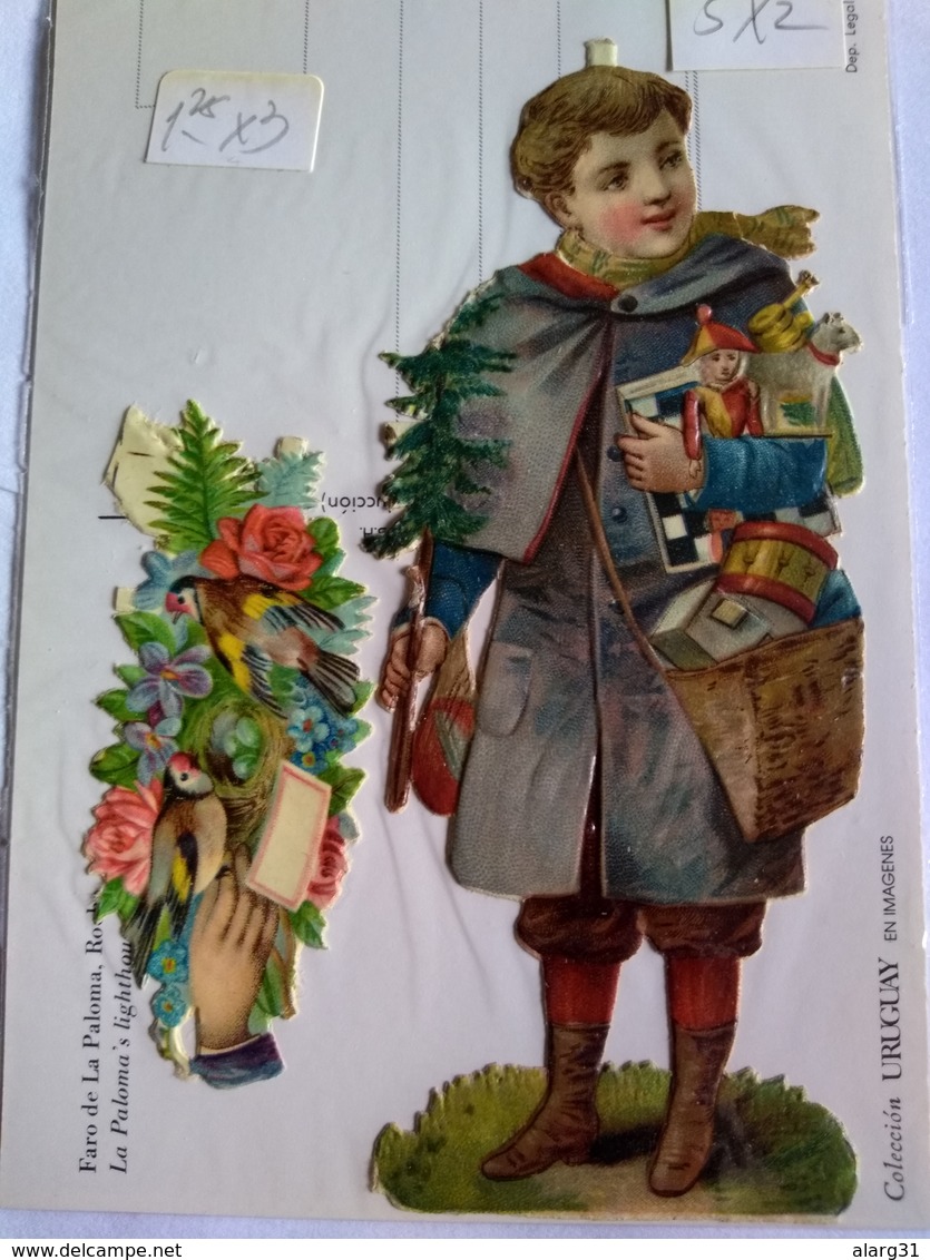 Decoupis Oblaten Victorian Scraps Early 1890 German  Boy 13.0*6 With Gift Toy Incl. Chessboard Drum An Other.addtl Gree. - Christmas