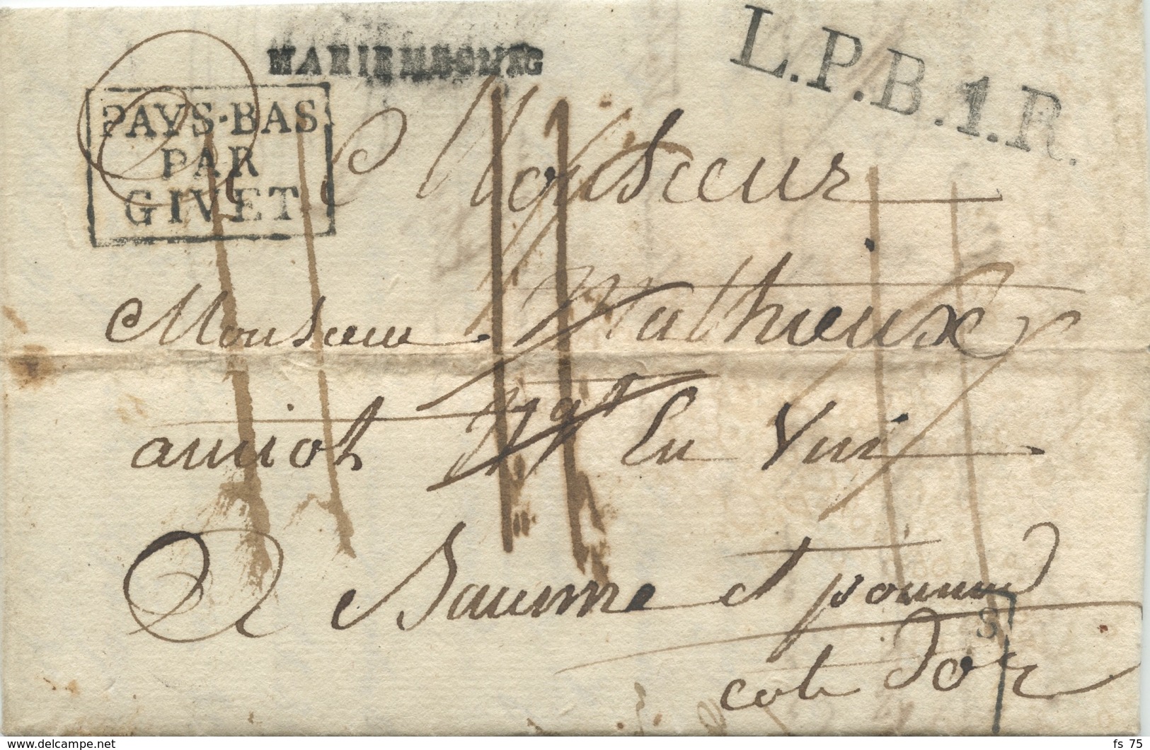 BELGIQUE - MARIEMBOURG + L.P.B.1.R + PAYS BAS PAR GIVET SUR LETTRE AVEC TEXTE DE FRASNES POUR LA FRANCE, 1819 - 1815-1830 (Dutch Period)