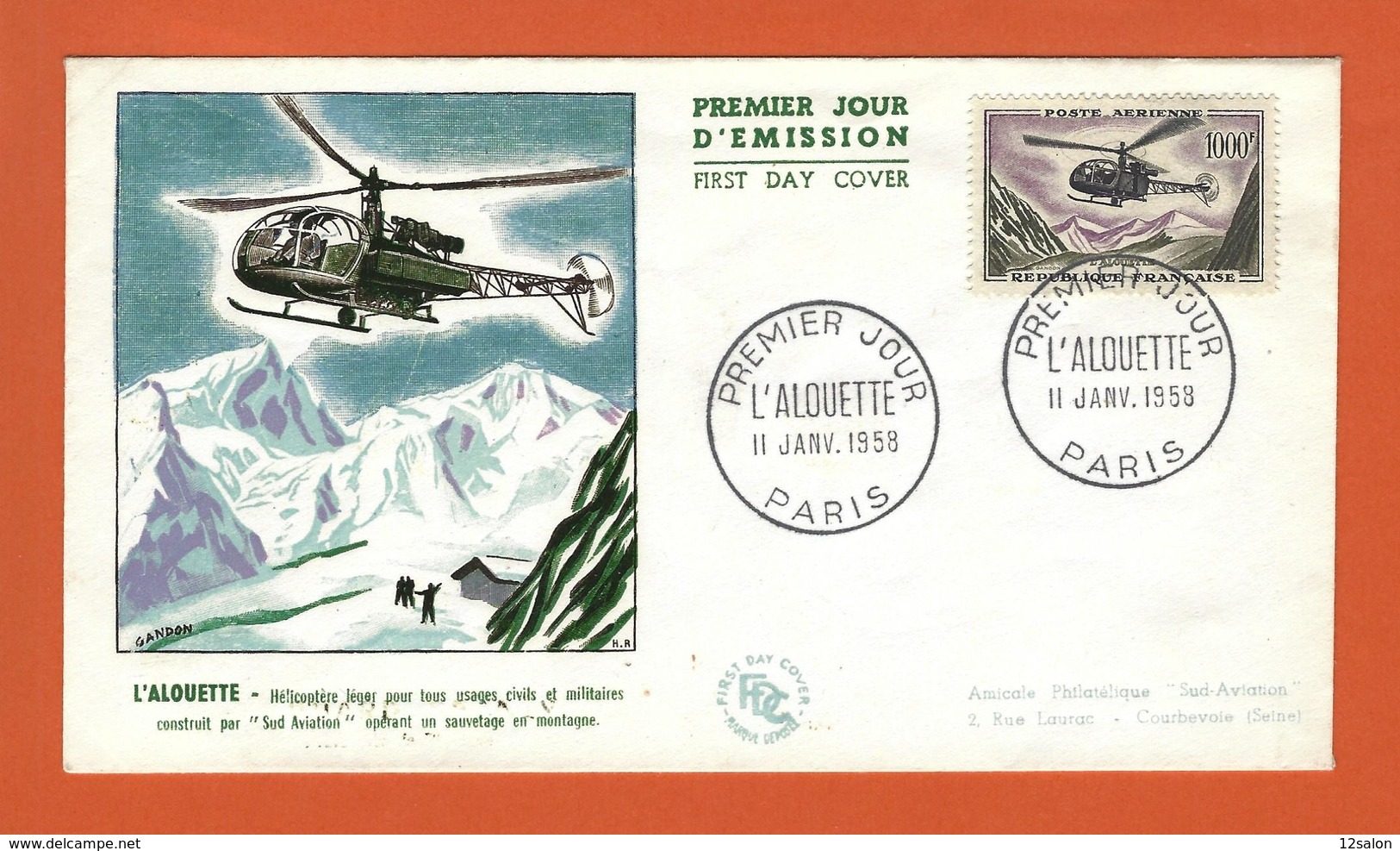 PREMIER JOUR FDC PA 37 ALOUETTE 1000Fr - 1950-1959