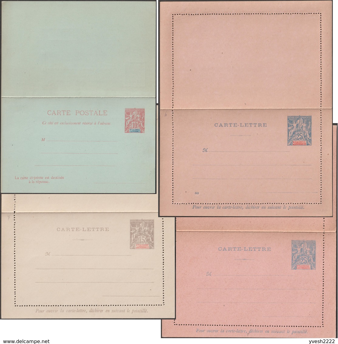 Nouvelle Calédonie 1900 Et 1901, 4 Entiers Postaux, Carte Avec Réponse Payée, 3 Cartes-lettres (CP 8, CL 8, 9, 10b) - Postal Stationery