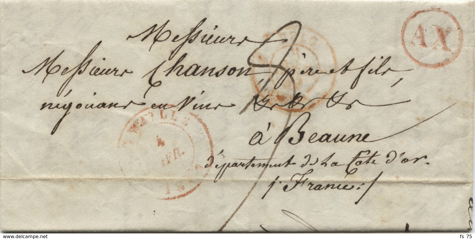 BELGIQUE - CAD AYWAILLE + BOITE AX ROUGE SUR LETTRE AVEC CORRESPONDANCE DE COMBLAIN LA TOUR POUR LA FRANCE, 1849 - 1830-1849 (Belgique Indépendante)