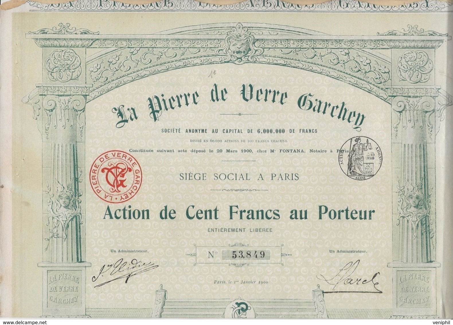 LA PIERRE DE VERRE GARCHEY- ACTION DE 100 FRS -ANNEE 1900 - Banque & Assurance