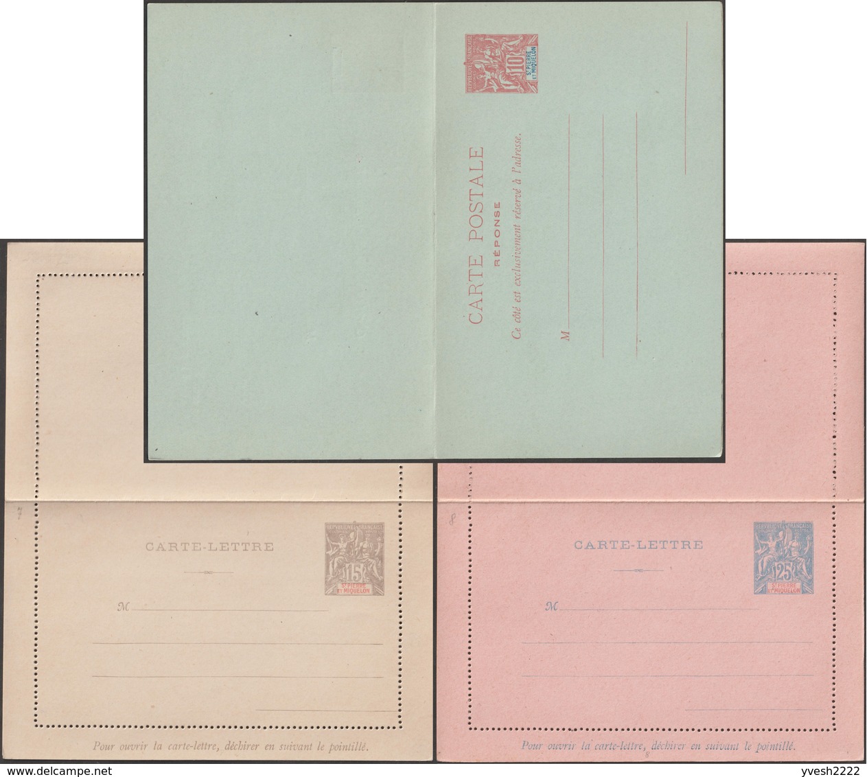 SPM - Saint Pierre Et Miquelon 1900 1901, 3 Entiers Postaux, Carte Avec Réponse Payée, 2 Cartes-lettres (CP 7, CL 8, 9) - Interi Postali