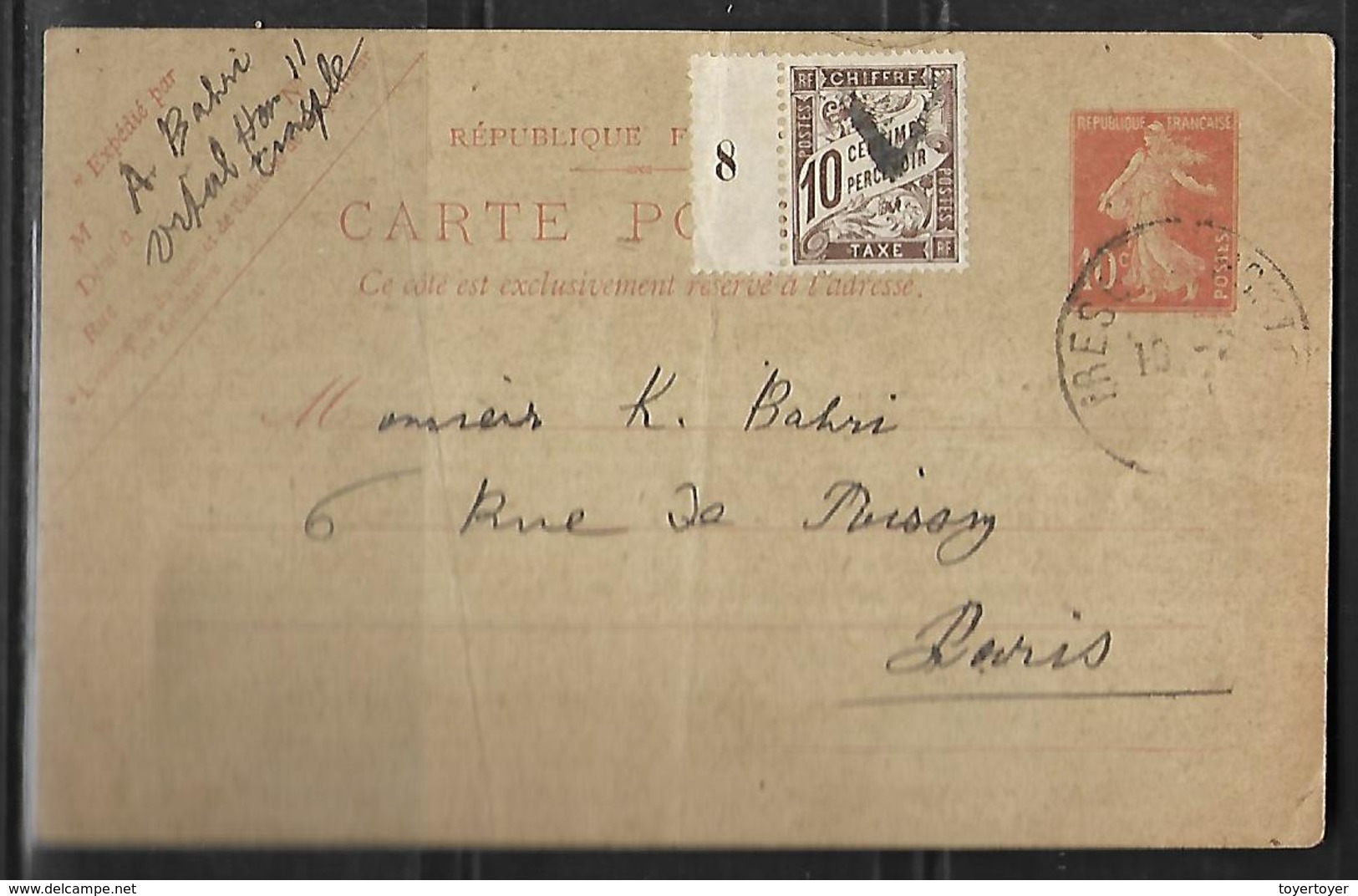 D4450  Entier Postal 10 Centimes Semeuse Fond Plein Taxé - Standaardpostkaarten En TSC (Voor 1995)