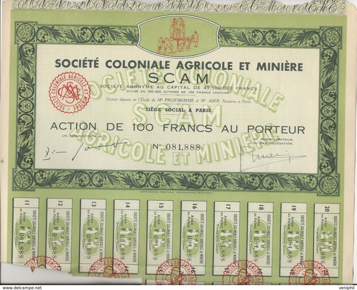 SOCIETE COLONIALE AGRICOLE ET MINIERE - LOT DE 2 ACTIONS DE 100 FRS -ANNEE - Agricoltura