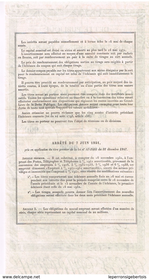 Titre Ancien - Dette Publique -Postes, Télégraphes Et Téléphones - Obligation 4 % 1941-1951 Amortissable - P - R