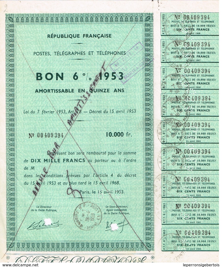 Titre Ancien - République Française - Postes, Télégraphes Et Téléphones - Bon 6% 1953 Amortissable En 15 Ans - P - R