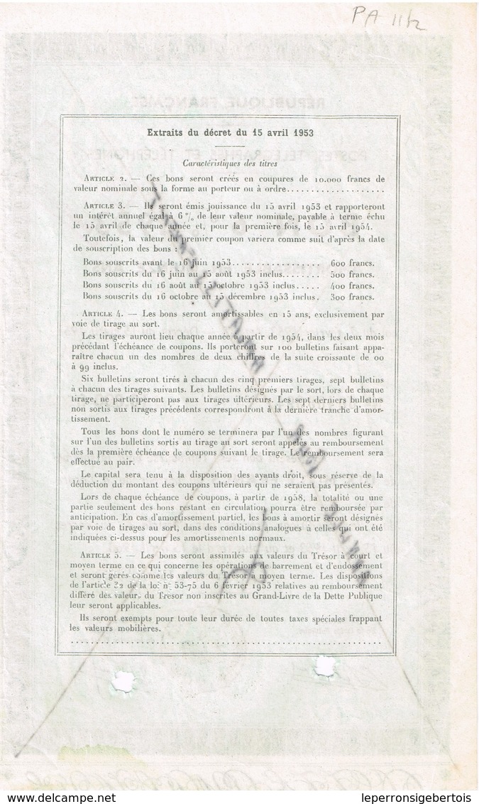 Titre Ancien - République Française - Postes, Télégraphes Et Téléphones - Bon 6% 1953 Amortissable En 15 Ans - P - R