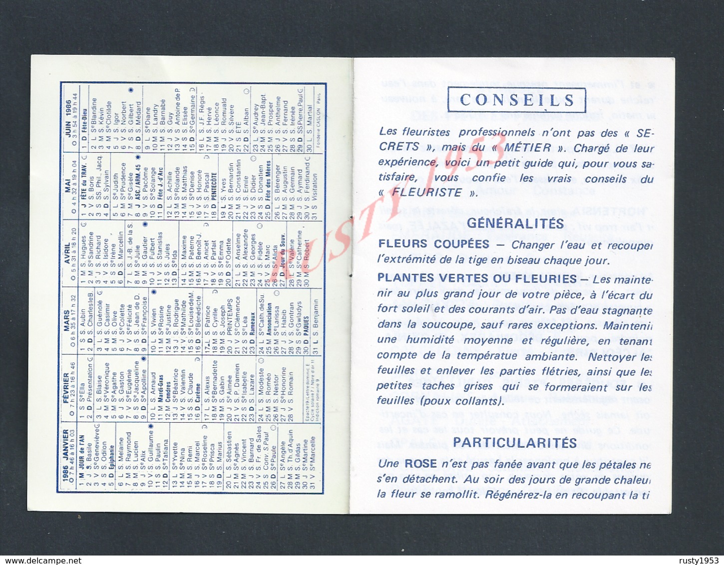 CALENDRIER 1986 TYPE CARNET CONSEILS FLEURS : - Petit Format : ...-1900