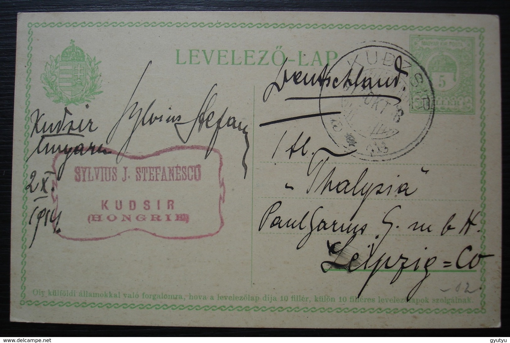 Hongrie 1914 Kudsir Sylvius J. Stefanesco Entier Postal 5 Filler Magyar Posta Pour Leipzig (Deutschland Allemagne) - Lettres & Documents