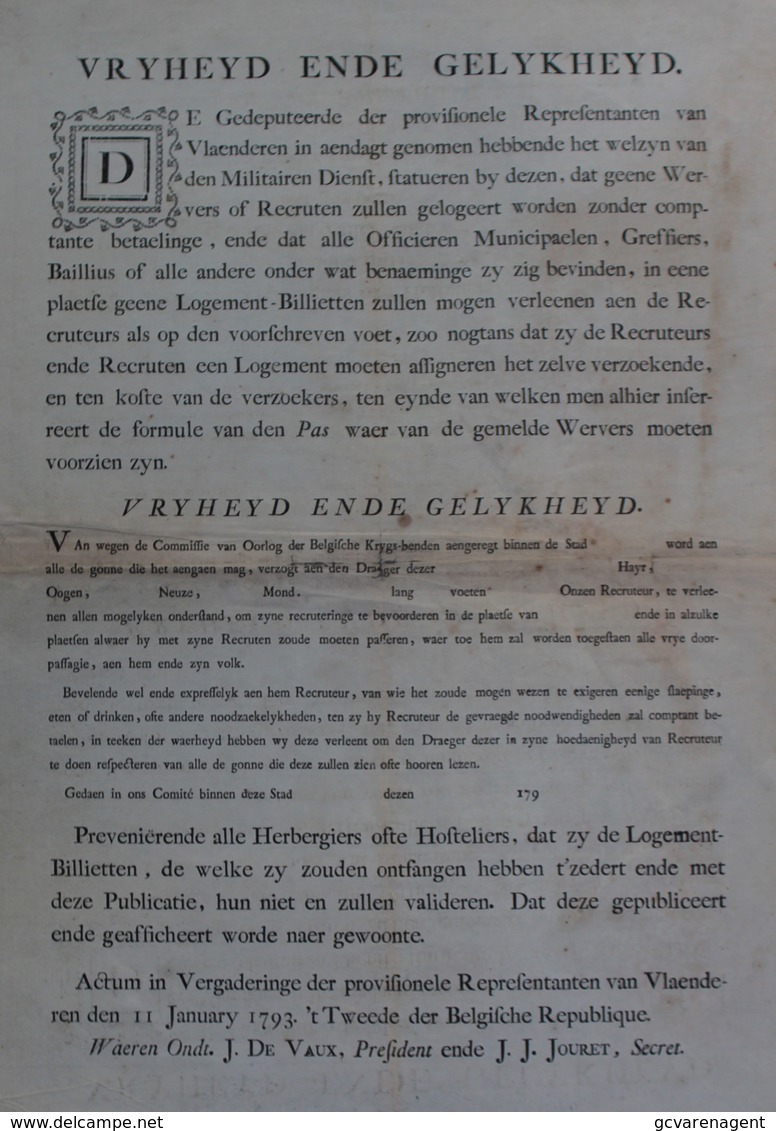 ZELDZAAM DOKUMENT 1793 VLAENDEREN 11 JANUART BELGISCHE REPUBLIQUE - AFFICHE - VRIJHEYD ENDE GELYKHEID  ZIE SCANS - Dokumente