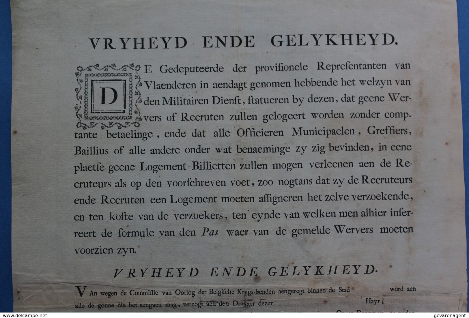 ZELDZAAM DOKUMENT 1793 VLAENDEREN 11 JANUART BELGISCHE REPUBLIQUE - AFFICHE - VRIJHEYD ENDE GELYKHEID  ZIE SCANS - Dokumente