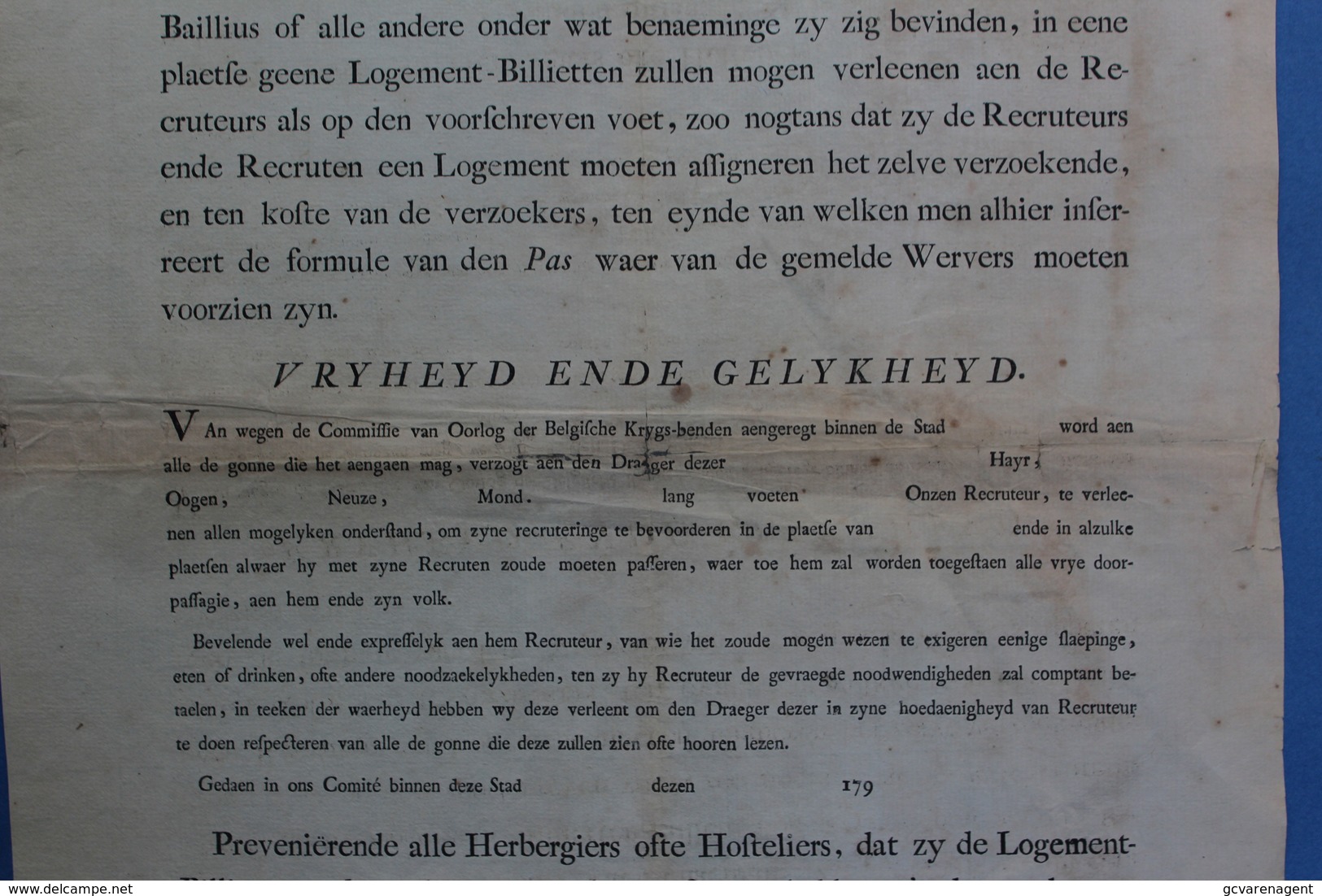 ZELDZAAM DOKUMENT 1793 VLAENDEREN 11 JANUART BELGISCHE REPUBLIQUE - AFFICHE - VRIJHEYD ENDE GELYKHEID  ZIE SCANS - Dokumente