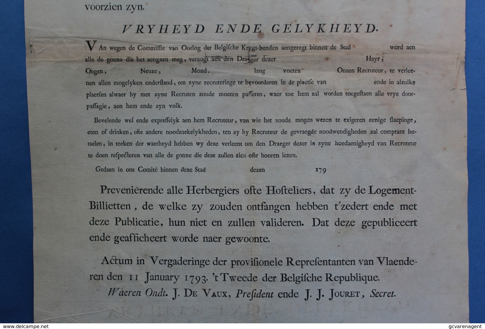 ZELDZAAM DOKUMENT 1793 VLAENDEREN 11 JANUART BELGISCHE REPUBLIQUE - AFFICHE - VRIJHEYD ENDE GELYKHEID  ZIE SCANS - Dokumente