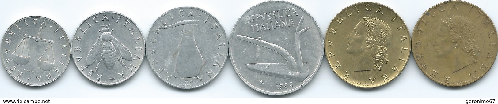 Italy - 1 (1958 - KM91) 2 (1959 - KM94) 5 (1953 - KM92) 10 (1982 - KM93) & 20 Lire (1957 - KM97.1 & 1984 - KM97.2) - Otros & Sin Clasificación