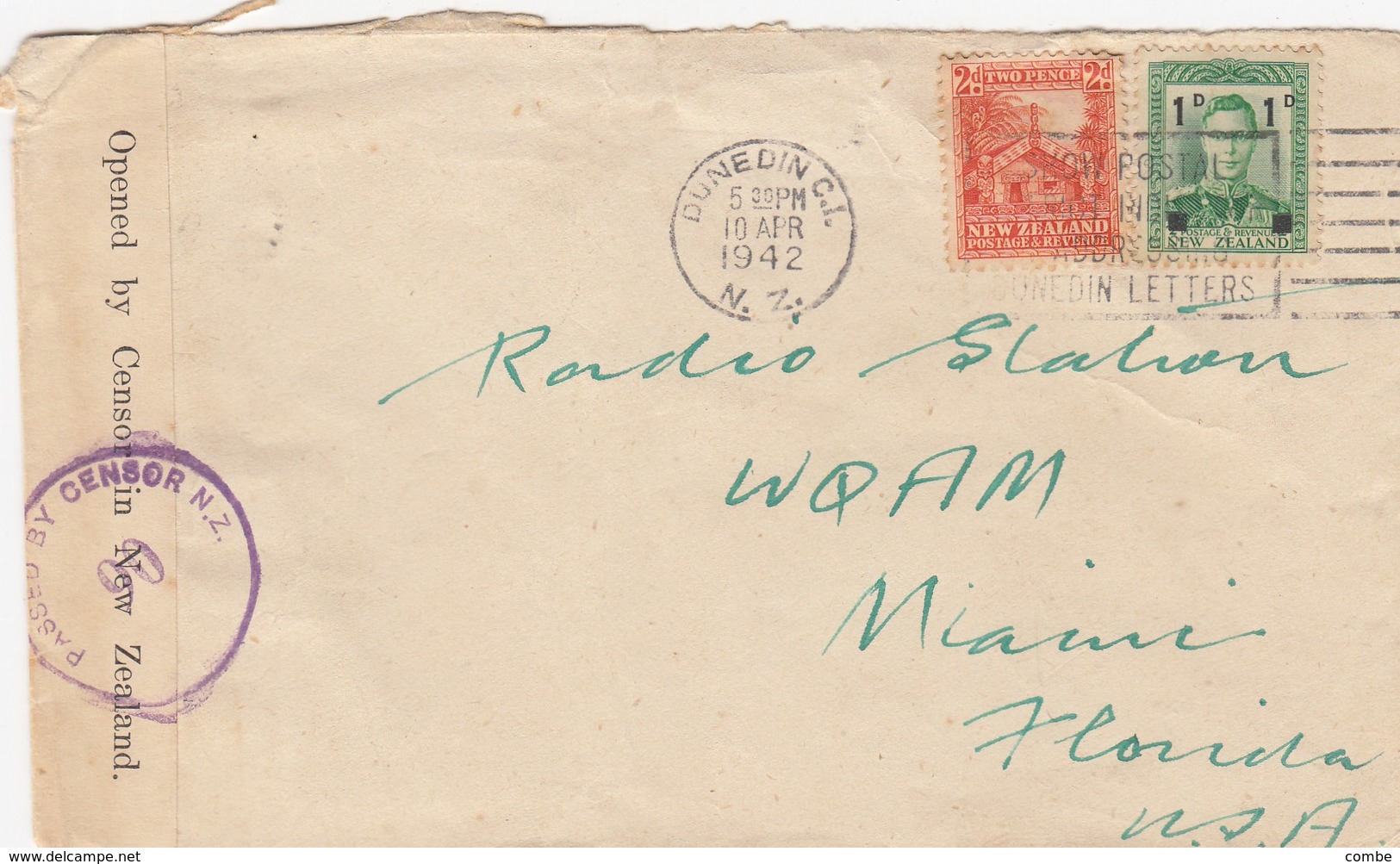 LETTRE. NOUVELLE-ZELANDE. WWII. 1942. BANDE CENSURE. DUNEDIN POUR RADIO-STATION MIAMI FLORIDE. USA - Brieven En Documenten