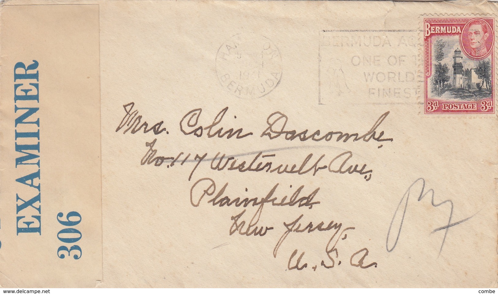 LETTRE. BERMUDES. WWII. 1941. BANDE CENSURE. HAMILTON POUR PLAINFIELD NEW-JERSEY. USA - Bermuda