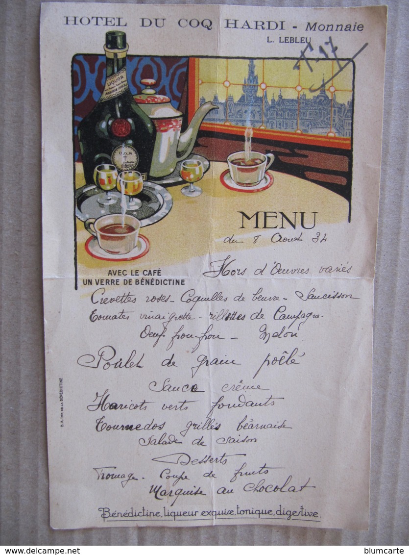 Menu - HÔTEL DU COQ HARDI - L. LEBLEU - Pub BENEDICTINE -1934 - Menus