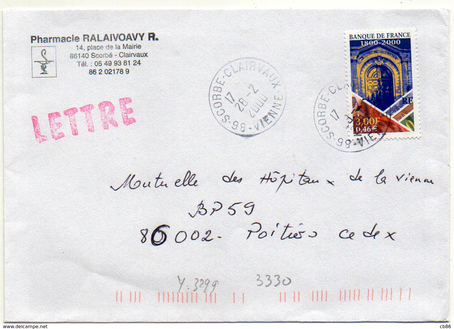 France N° 3299 Y. Et T. Vienne Scorbé Clairvaux Cachet A9 Du 28/02/2000 - 1961-....