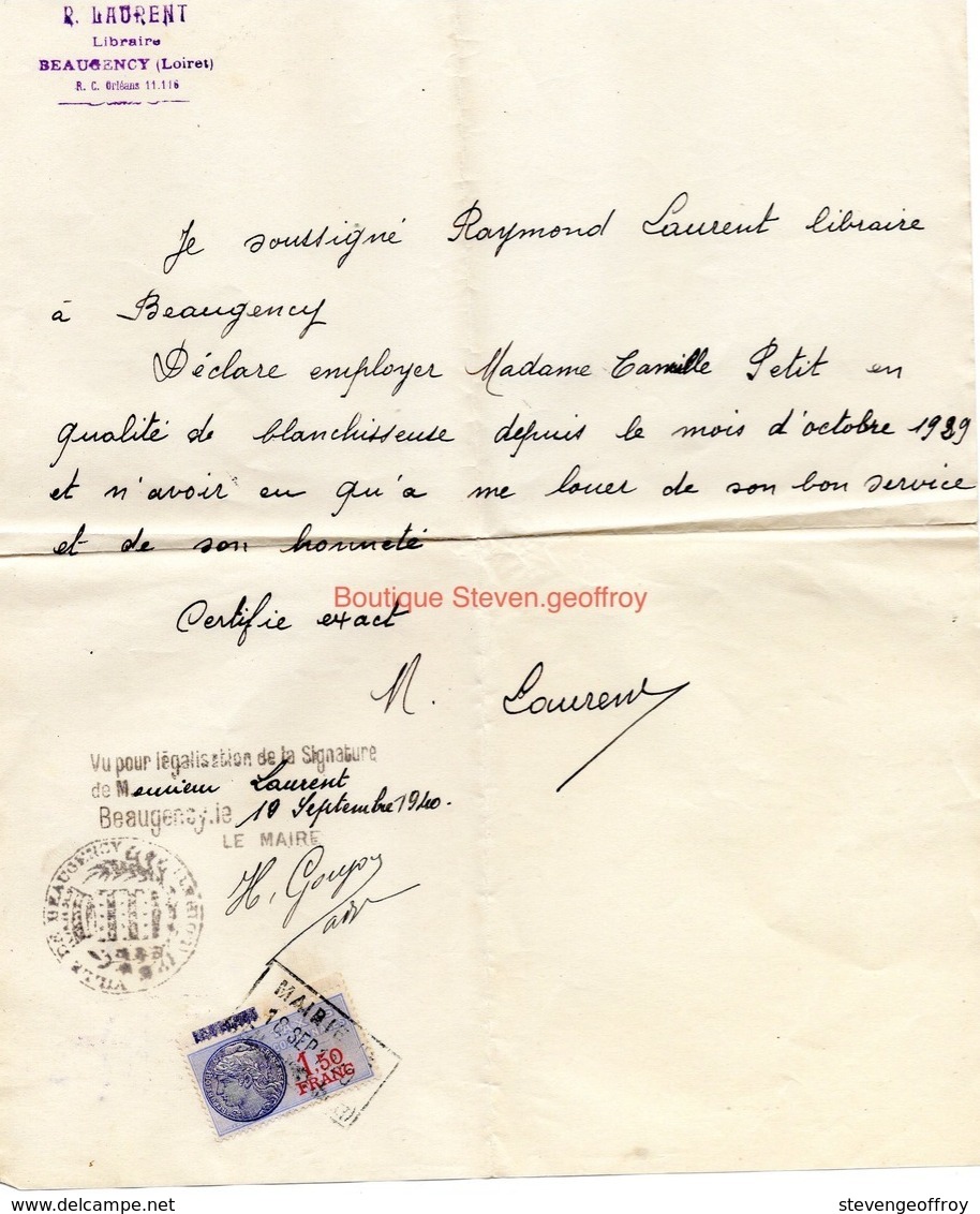 Lettre Manuscrite Pour Bon Travail  Beaugency Laurent Librairie Loiret Berthe Camille Petit 1940 Timbre Fiscal 1,5 Fr - Documents Historiques