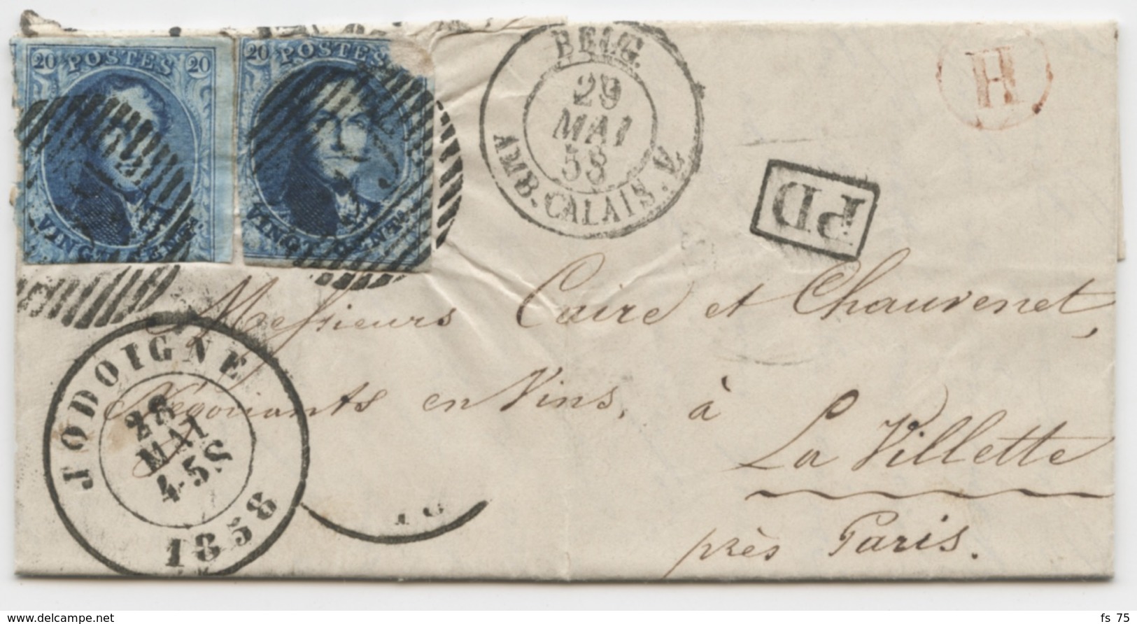 BELGIQUE - N°7 X 2 (DÉFAUTS) + CAD JODOIGNE + BOITE H ROUGE SUR LETTRE COMPLETE DE JOUCHE POUR LA FRANCE, 1858 - 1849-1865 Medaillen (Sonstige)