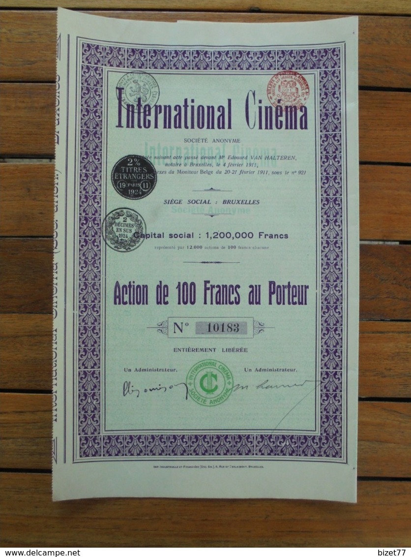 BELGIQUE - BRUXELLES 1911 - INTERNATIONAL CINEMA - ACTION DE 100 FRS - Altri & Non Classificati