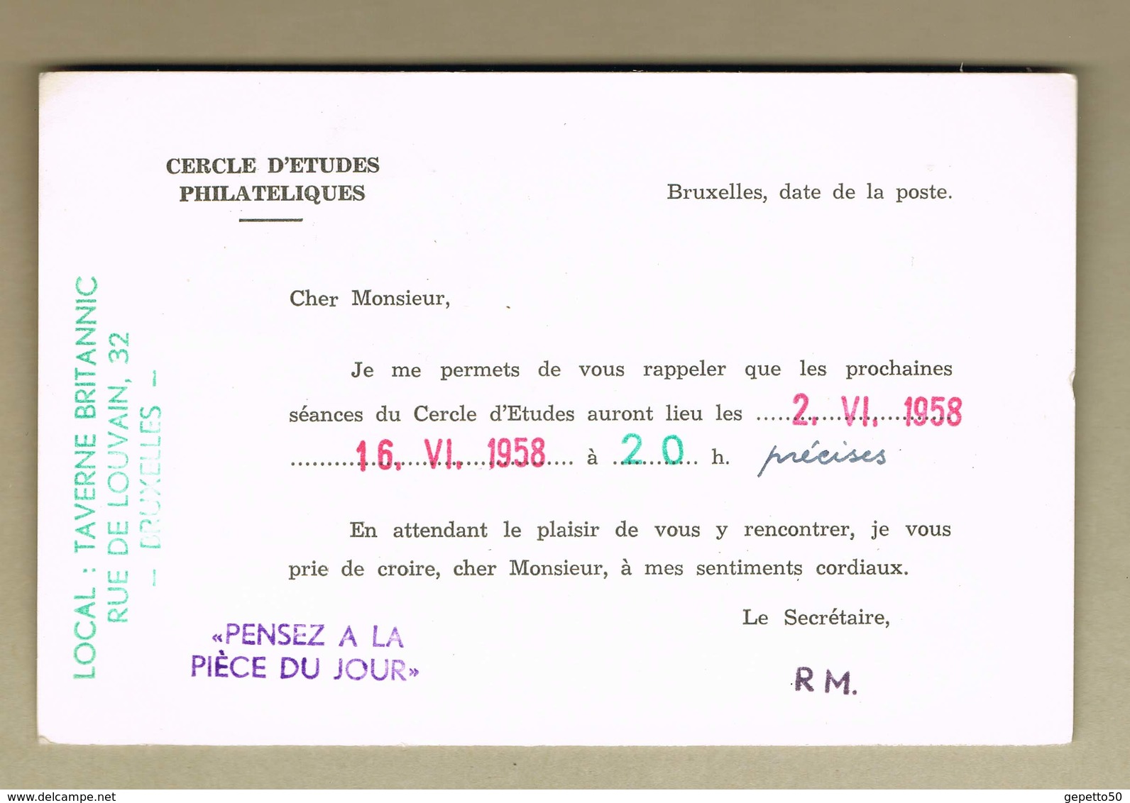 Expo 58 Cachet Telexpo Sur Imprimé  Du Cercle D'Etudes Philatéliques De Bruxelles  28-5-1958 - 1958 – Bruxelles (Belgique)