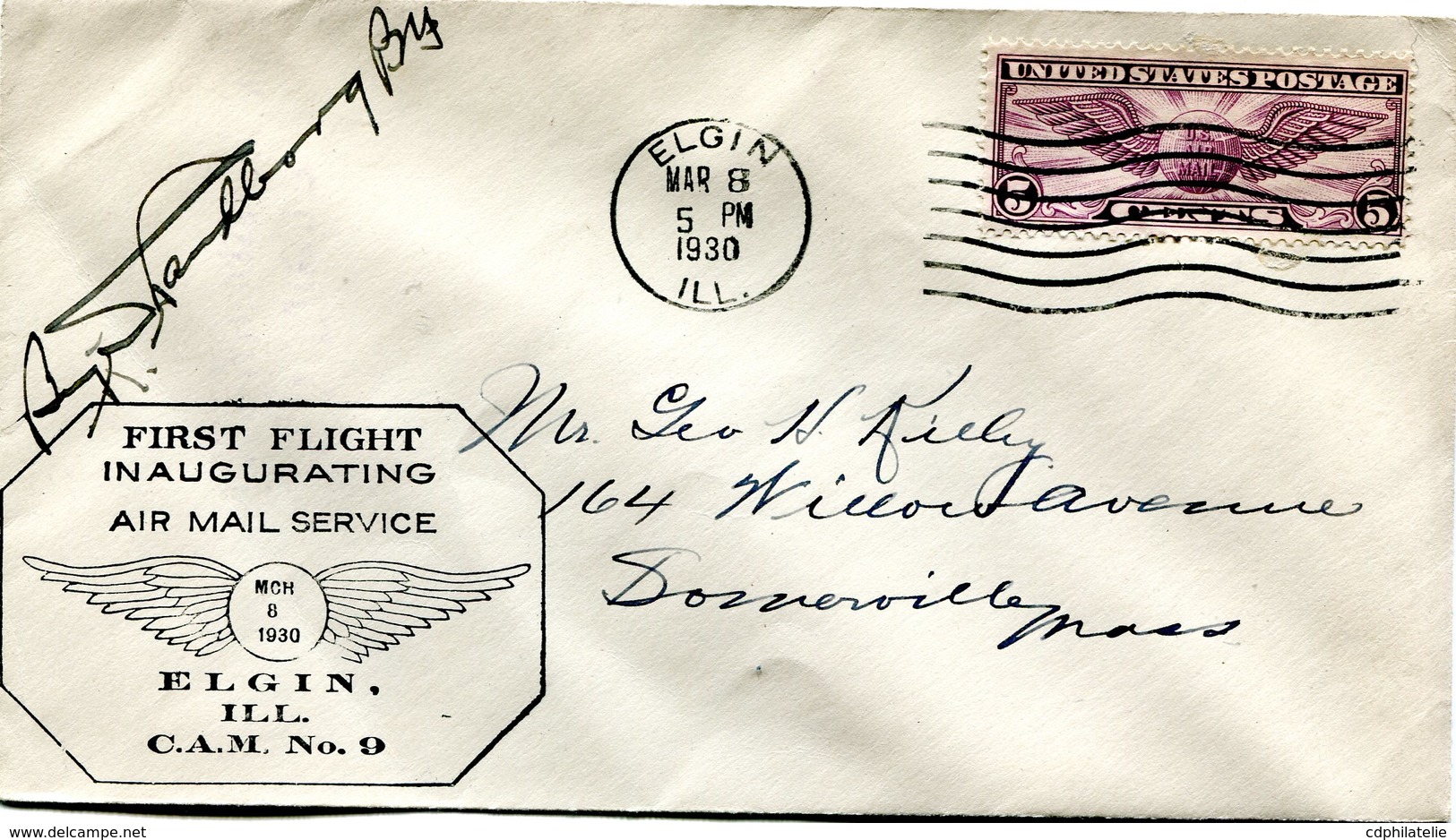 ETATS-UNIS LETTRE PAR AVION AVEC CACHET ILLUSTRE "FIRST FLIGHT INAUGURATING AIR MAIL SERVICE....ELGIN ILL. C.A.M. N°9" - 1c. 1918-1940 Covers