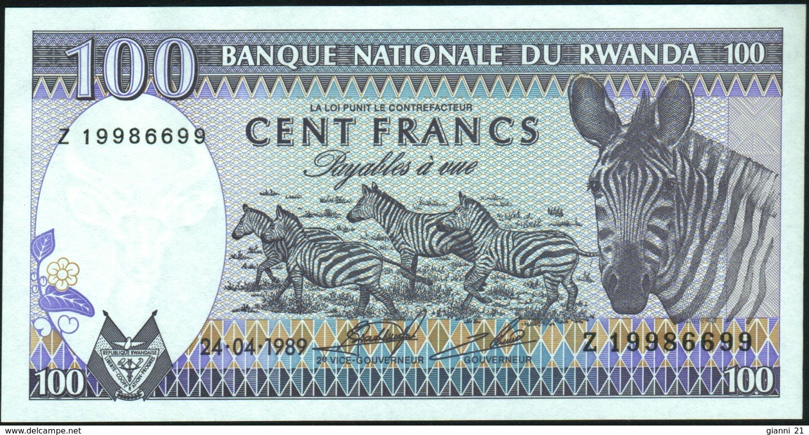 RWANDA - 100 Francs 24.04.1989 {Prefix Z} UNC P.19 - Ruanda