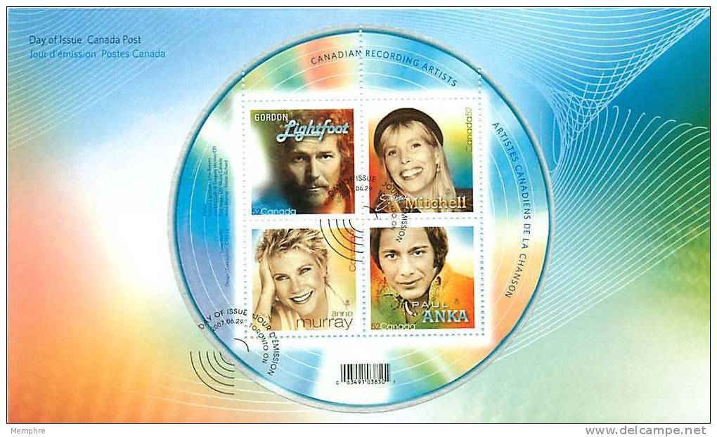 2007  Recording Artists: G. Lightfoot, J. Mitchell, A. Murray, P. Anka  Sc 2221  Souvenir Sheet Of 4 Different - 2001-2010