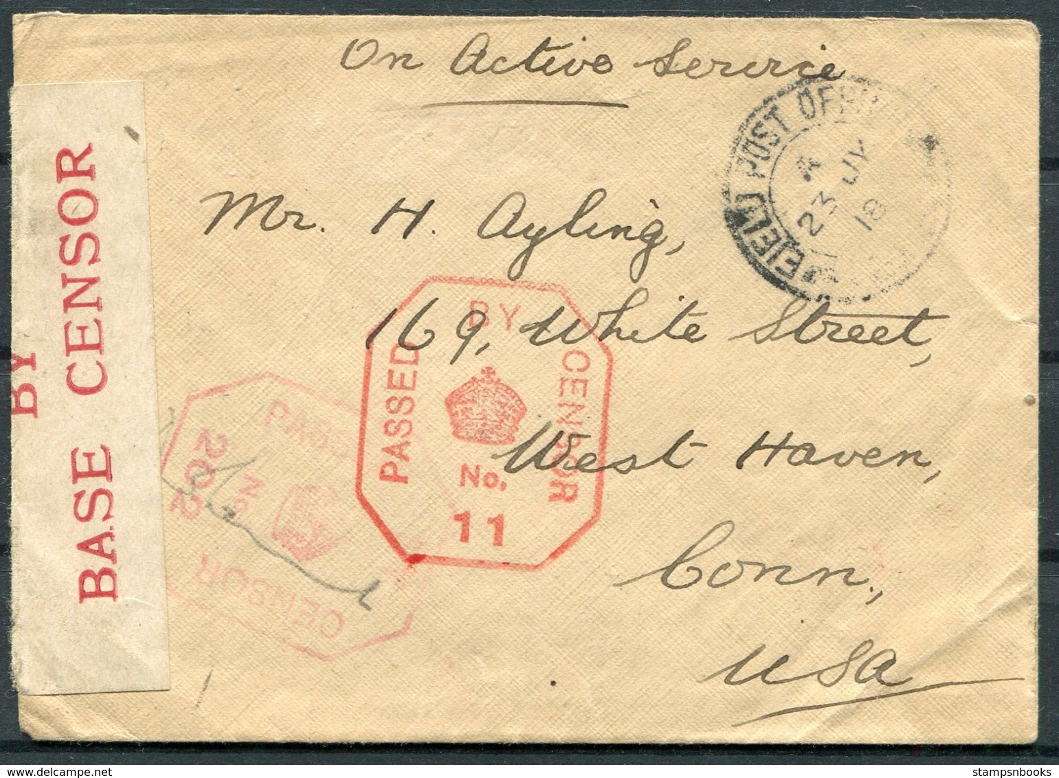 1918 GB Field Post Office G.X. Salonika Greece O.A.S. Censor Cover - West Haven, Conn. USA - Briefe U. Dokumente