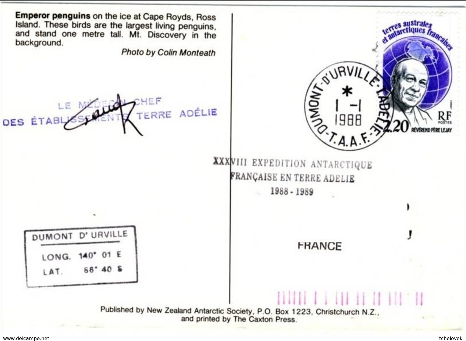 FSAT Medical Service TAAF Cachet Médecin Chef Des Etablissements Terre Adelie 1.1.88 TA Carte Postale Manchots Empereurs - Lettres & Documents