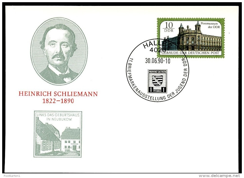 DDR PP21 B1/001 Privat-Postkarte HEINRICH SCHLIEMANN Sost. 30.06.1990 NGK 7,00 € - Privé Postkaarten - Gebruikt