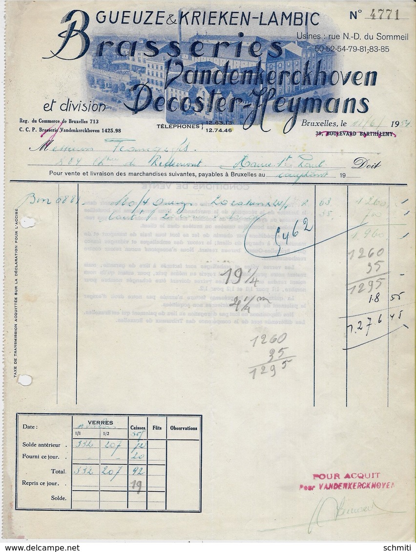 -Facture:BRASSERIE Vandenkerkhoven,Decoster-Heymans-Gueuze& Krieken-Lambic-1954- - Facturas