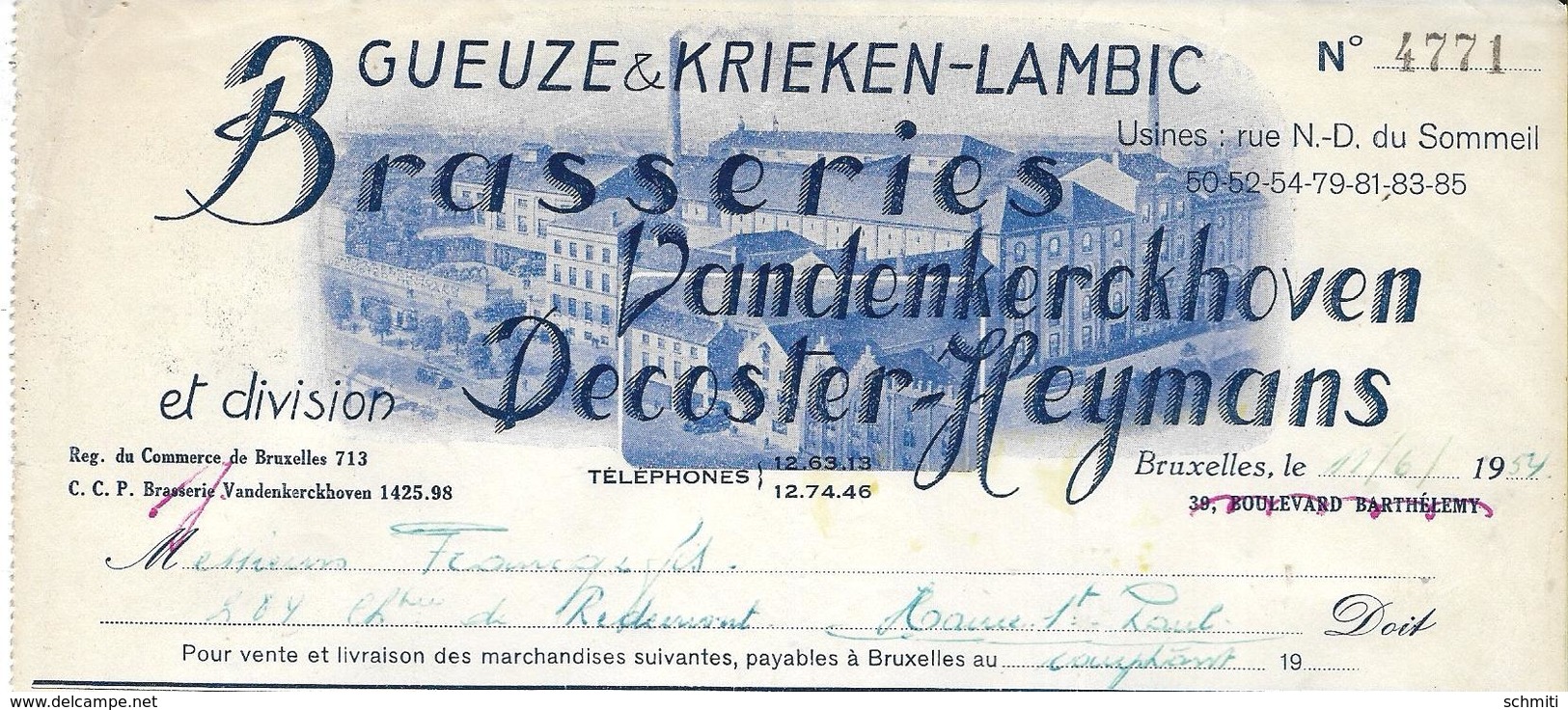 -Facture:BRASSERIE Vandenkerkhoven,Decoster-Heymans-Gueuze& Krieken-Lambic-1954- - Facturas