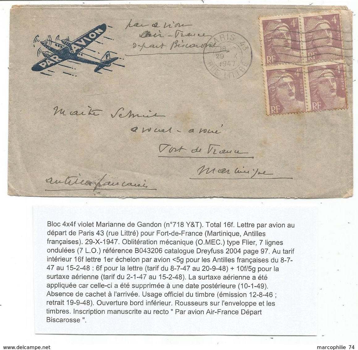 GANDON  4FR VIOLET BLOC DE 4 LETTRE AVION PARIS 423 29.X.1947 POUR MARTINIQUE AU TARIF - 1945-54 Marianne De Gandon