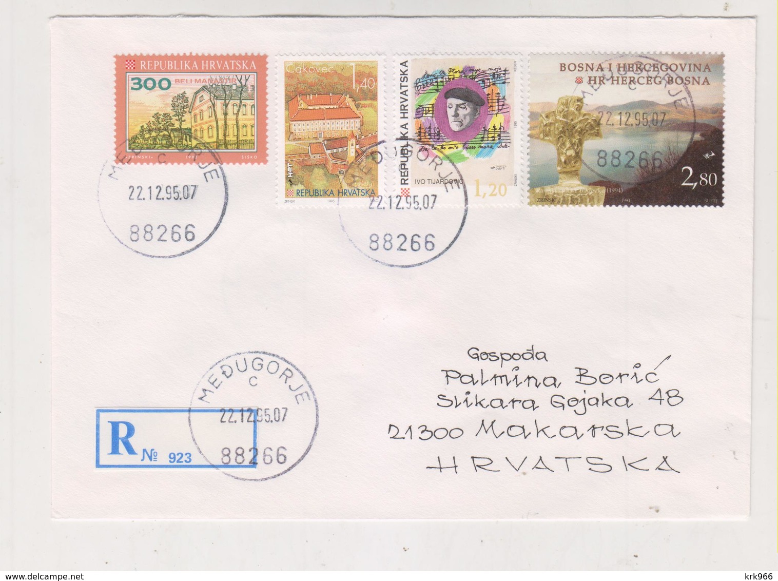 BOSNIA AND HERZEGOVINA 1995   CROATIAN POST MEDUGORJE Registered Cover Mixed Franking With Croatia Stamps - Bosnien-Herzegowina