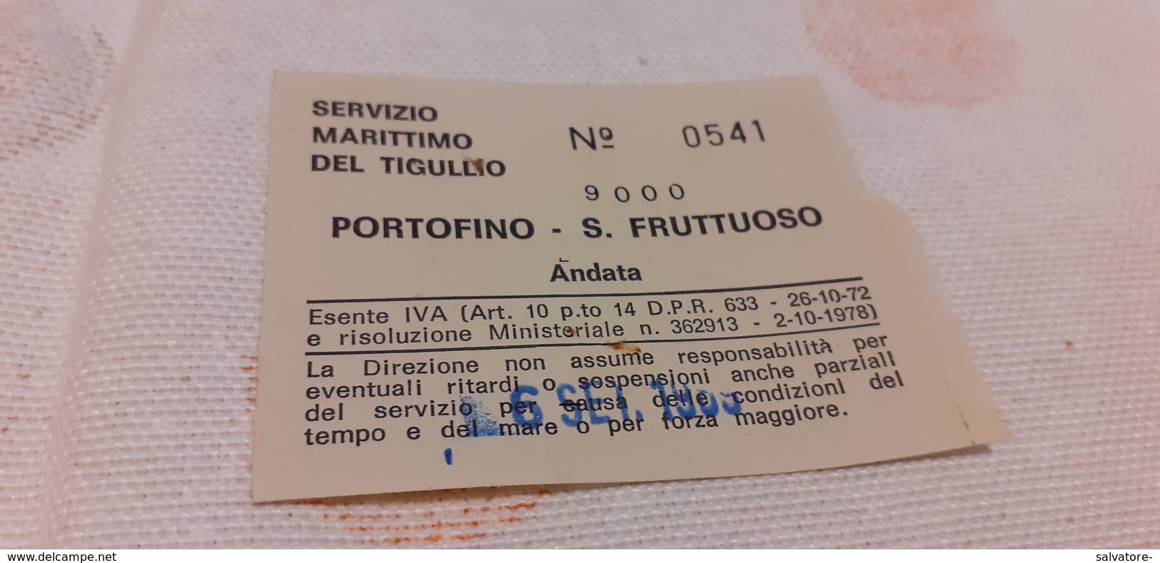 BIGLIETTO SERVIZIO MARITTIMO DEL TIGULLIO DA PORTOFINO A SAN FRUTTUOSO 1989 - Europa