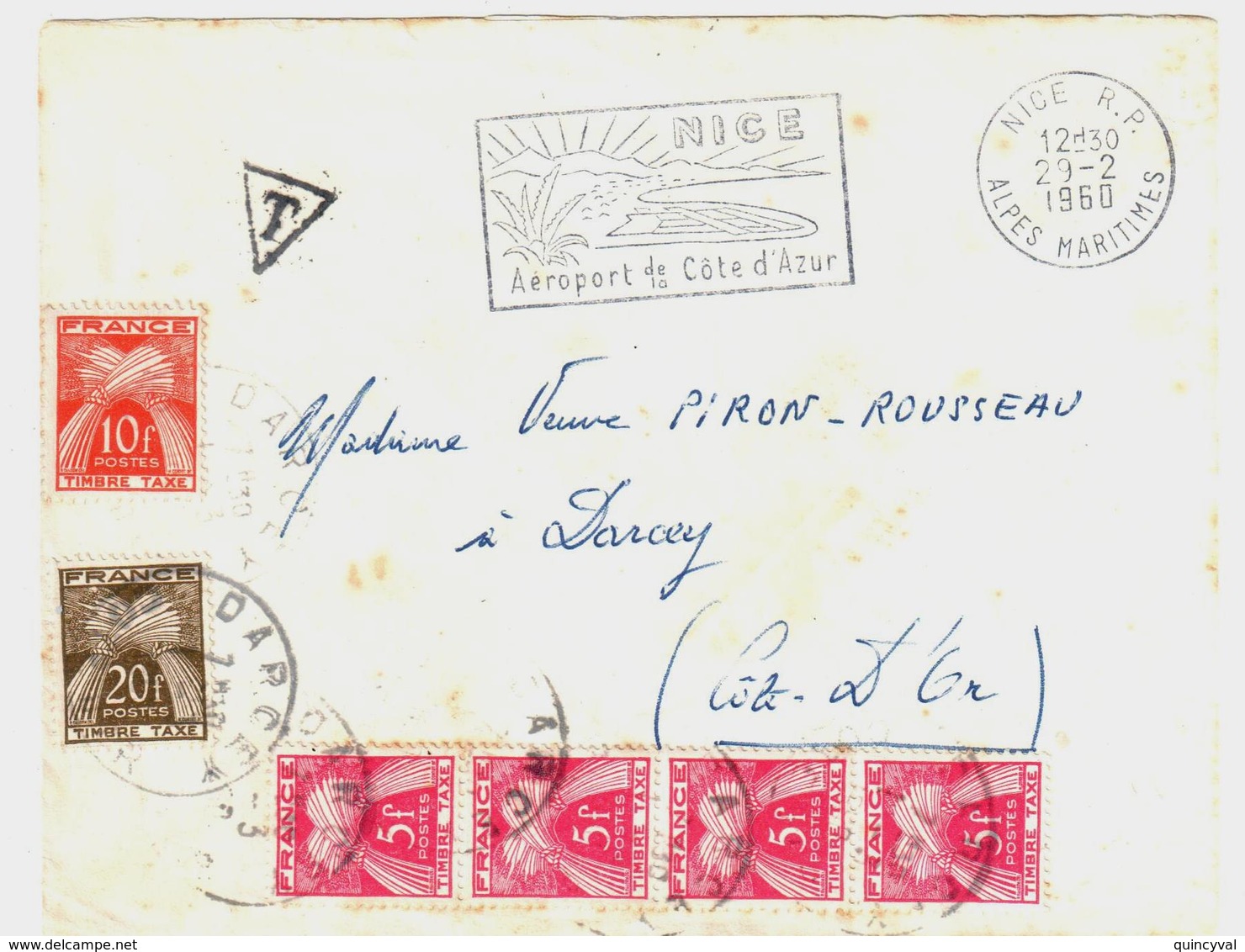 NICE RP 06 Lettre NON Affranchie Ob 29 2 1960 TAXE DARCEY Côte D'Or Taxe Gerbe 5F 10F 20F Yv T85 86 87 - 1960-.... Cartas & Documentos