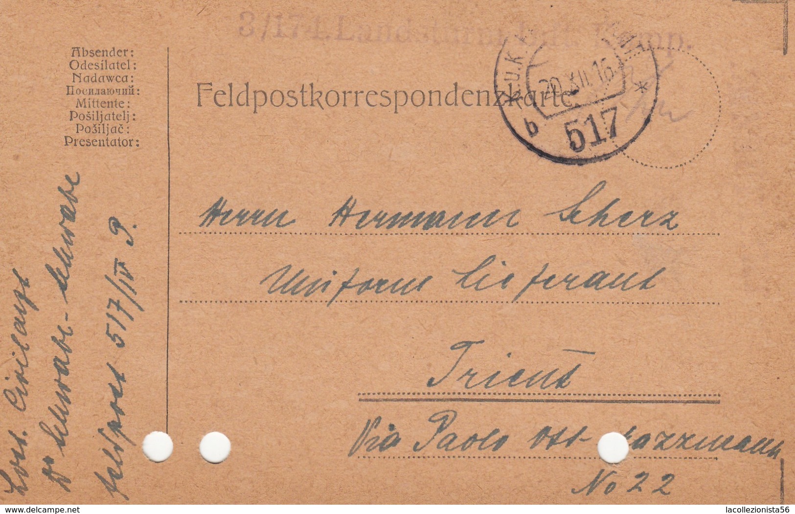 9748-FRANCHIGIA - AUSTRIA - K.U.K. FELDPOSTAMT 517 - 20-12-1916 - Covers & Documents