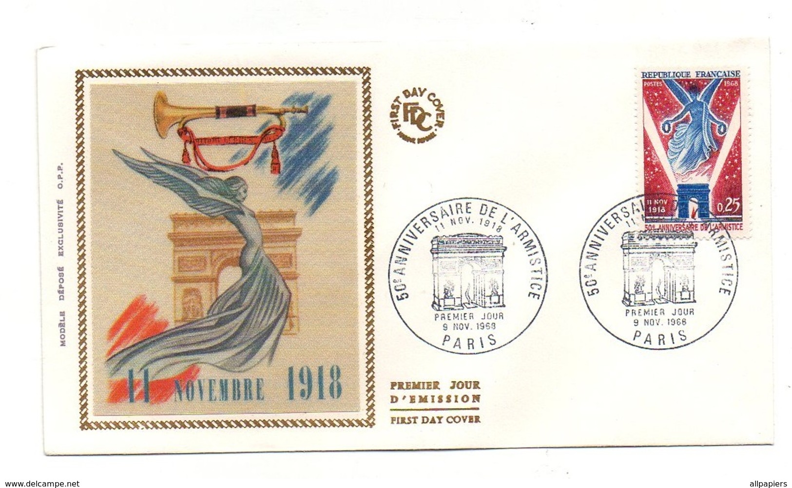 Enveloppe Premier Jour D'émission Cinquantième Anniversaire De L'Armistice Novembre 1918 Paris 1968 - Timbres De 0.25 Fr - Militaria