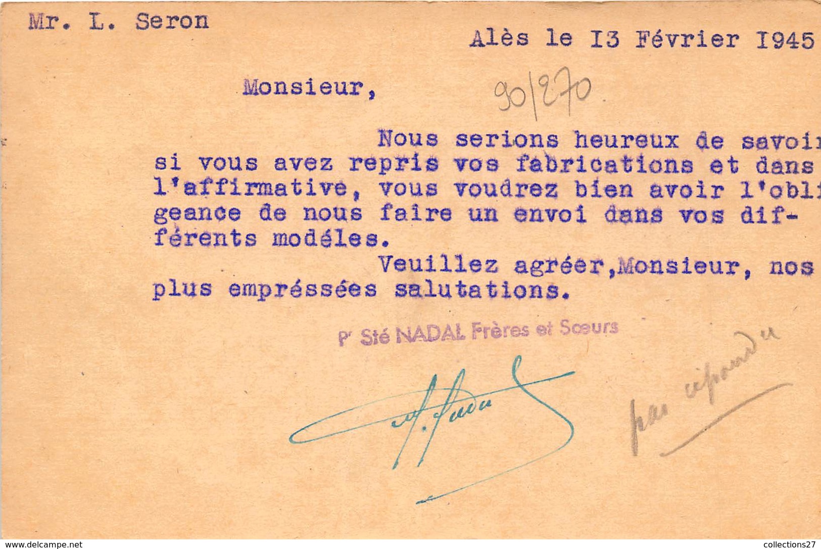 30-ALES- STE NADAL FRERES ET SOEURS , 7 QUAI JEAN JAURES- CORRESPONDANCE - Alès