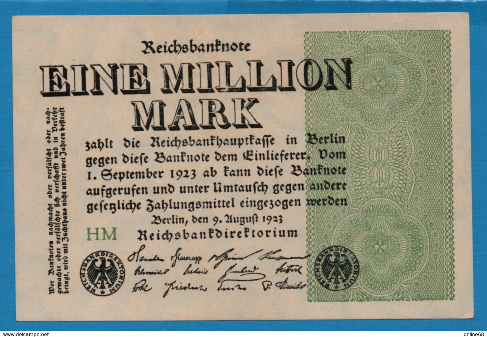 DEUTSCHES REICH 	1 Million Mark	09.08.1923	# HM P# 102a - 1 Mio. Mark