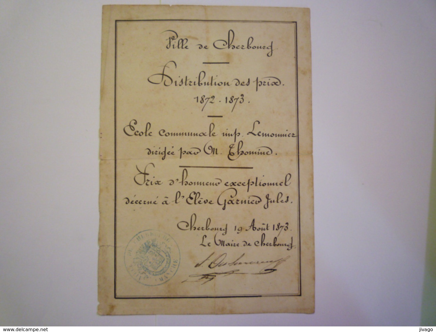 2020 - 5215B  ECOLE COMMUNALE De CHERBOURG  :  PRIX D'HONNEUR   1873   XXX - Zonder Classificatie