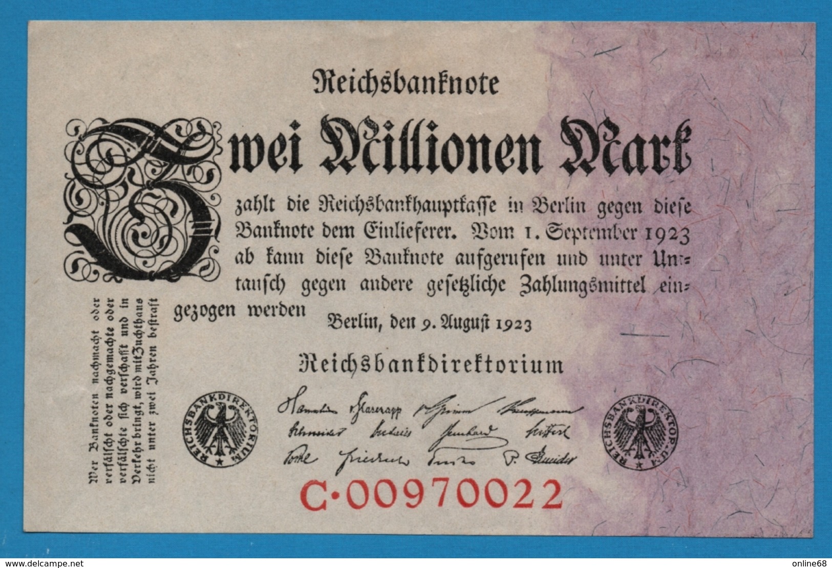 DEUTSCHES REICH 2 Millionen Mark	09.08.1923	# C.00970022  P# 103 - 2 Millionen Mark